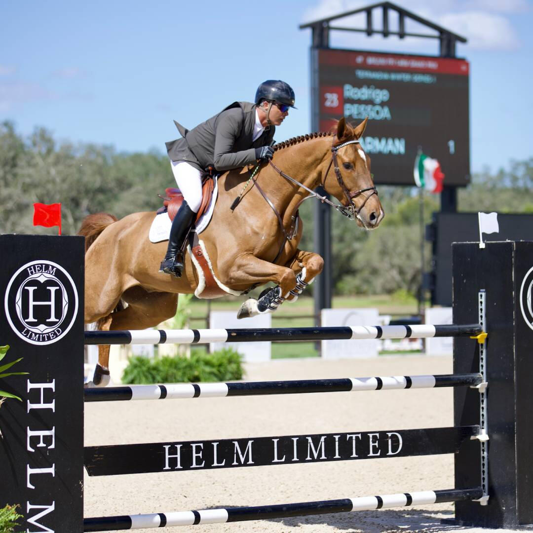 A man - Rodrigo Pessoa - on a brown horse jumps a fence at Terranova Equestrian Center event